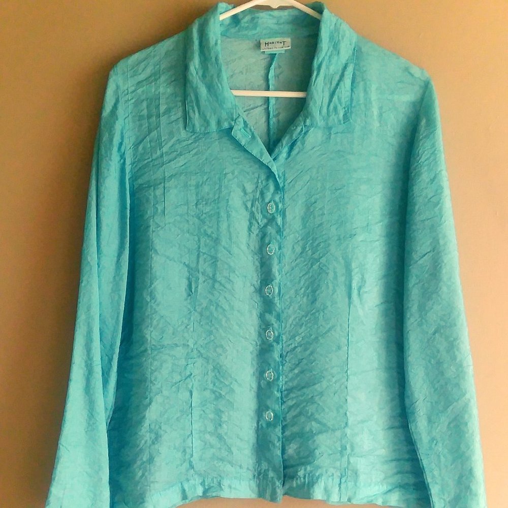 Habitat Soft and Silky Aqua Long Sleeve Button Down Cupro Crinkle Blouse  -- M